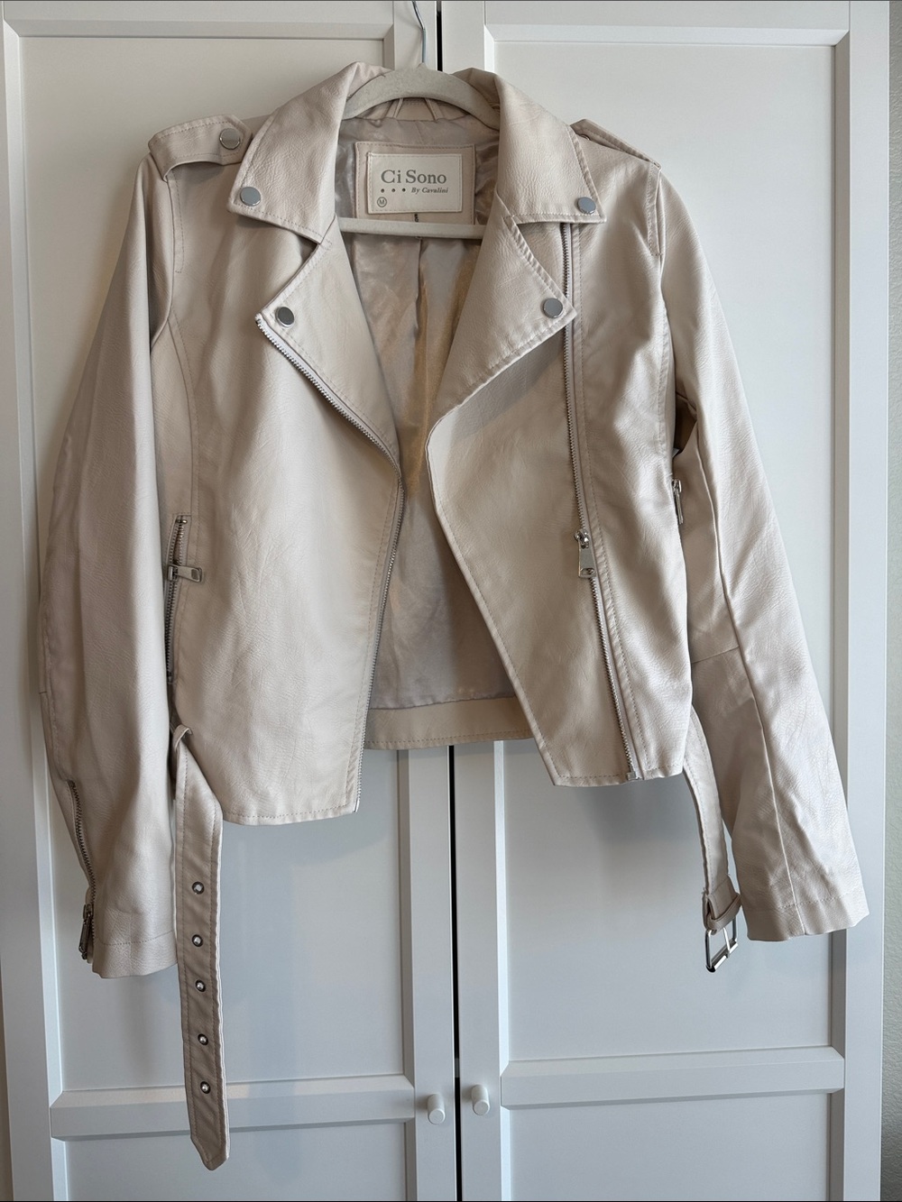 Ci Sono by Cavalini Cream Faux Leather Moto Jacket with Belt